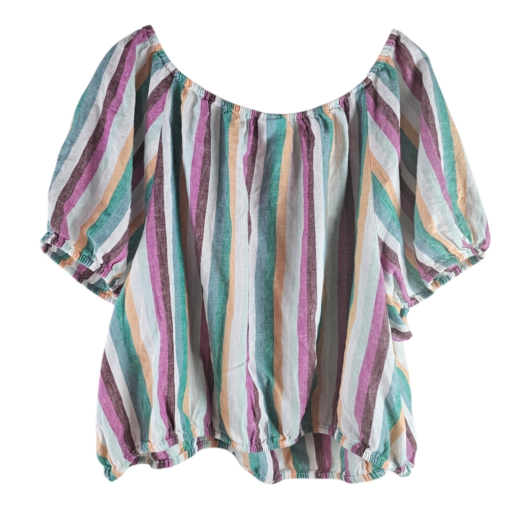 AVA & VIV Linen Blend Striped Cropped Peasant Blouse In 3X - Picture 2 of 5